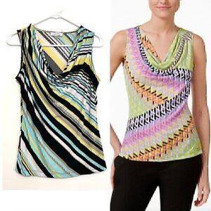 CALVIN KLEIN Printed Sleeveless Cowl Neck Top Blue Black White Striped Office S